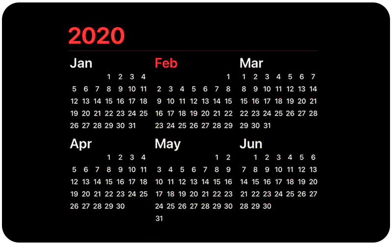 2020 Calendar displaying January to June
