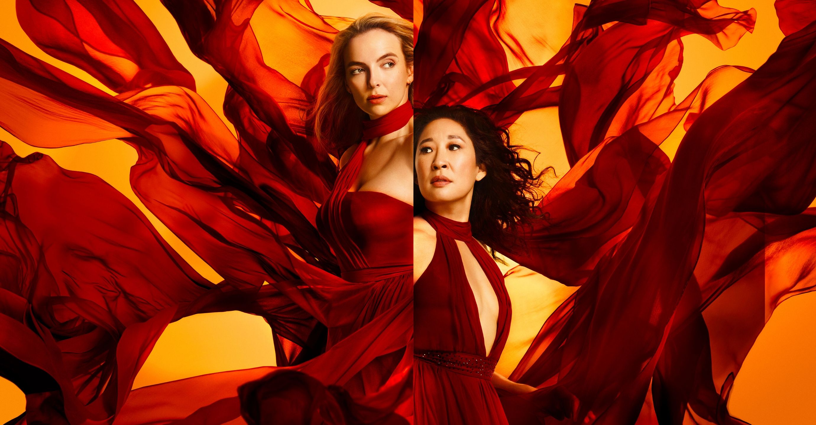 Jodie Comer and Sandra Oh as Villanelle and Eve, both in red dresses looking in opposite directions
