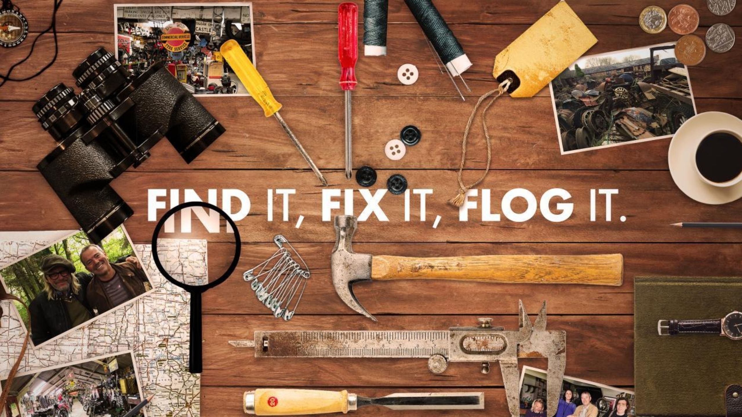 A tool bench showing a wide variety of tools from a hammer to binoculars and a magnifying glass