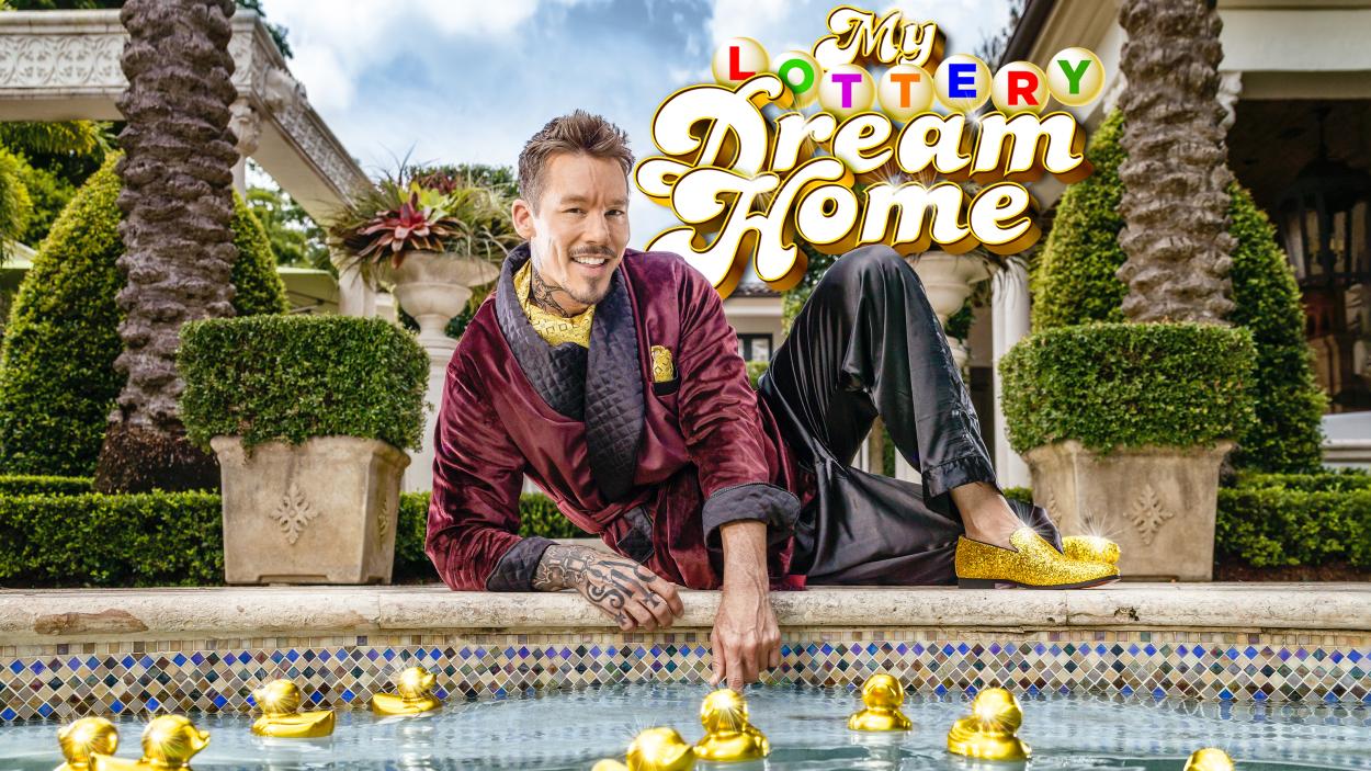 Man in a velvet dressing gown sits by a swimming pool with golden ducklings, the picture of opulence