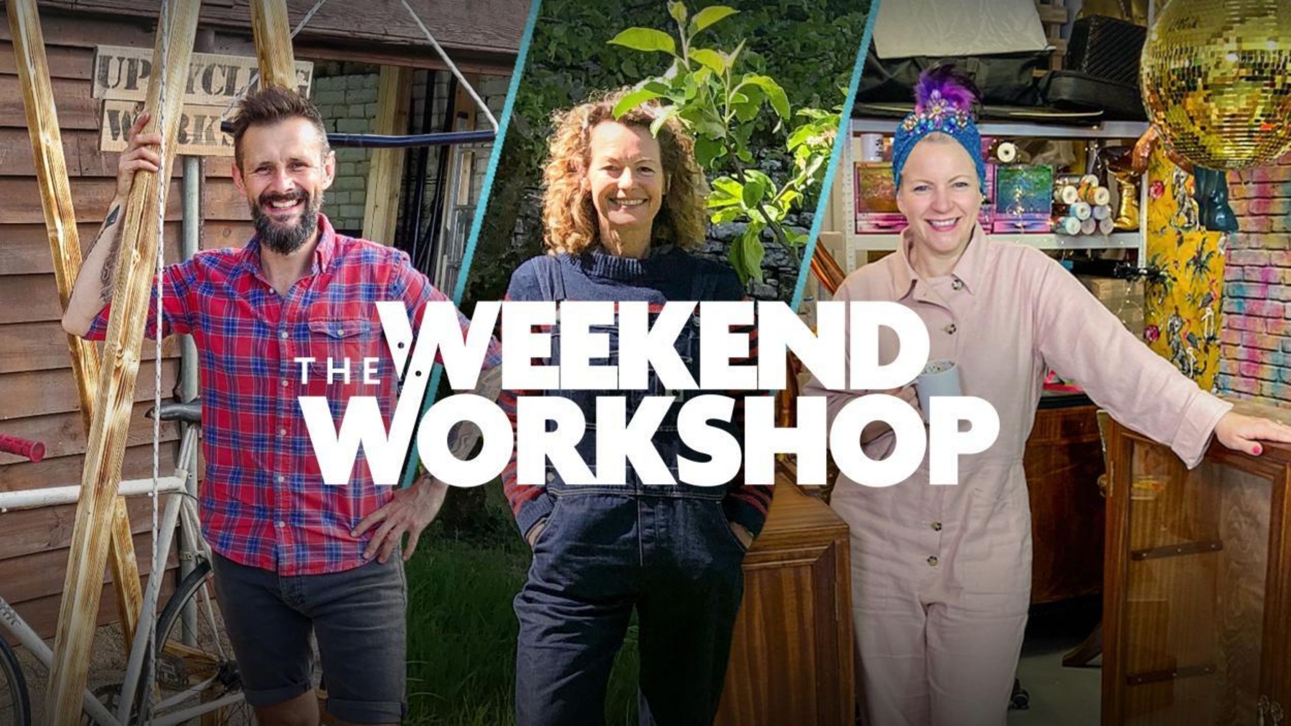 The three presenters of Weekend Workshop in their homes in a split image