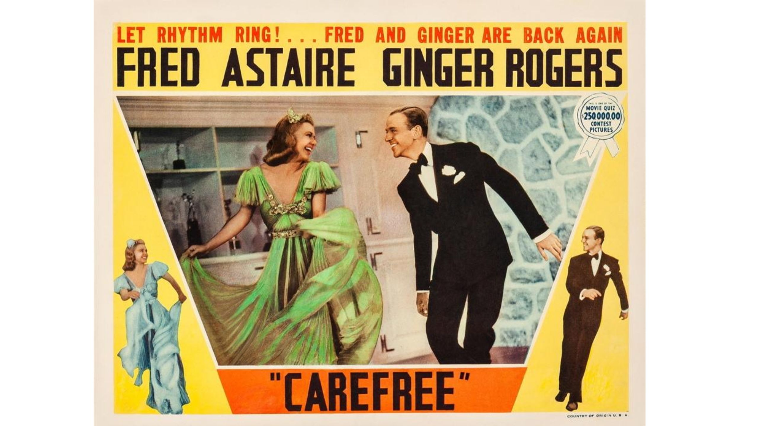 Colourful movie poster showing a drawing of Ginger Rogers and Fred Astaire dancing 