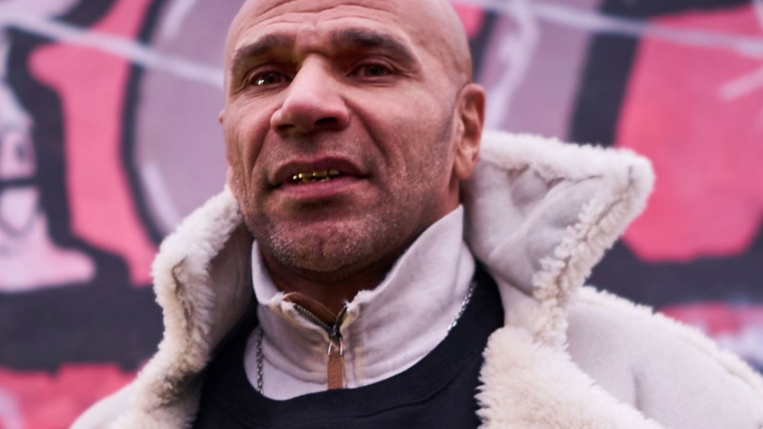 Close up of Goldie against a wall covered in vibrant pink street art