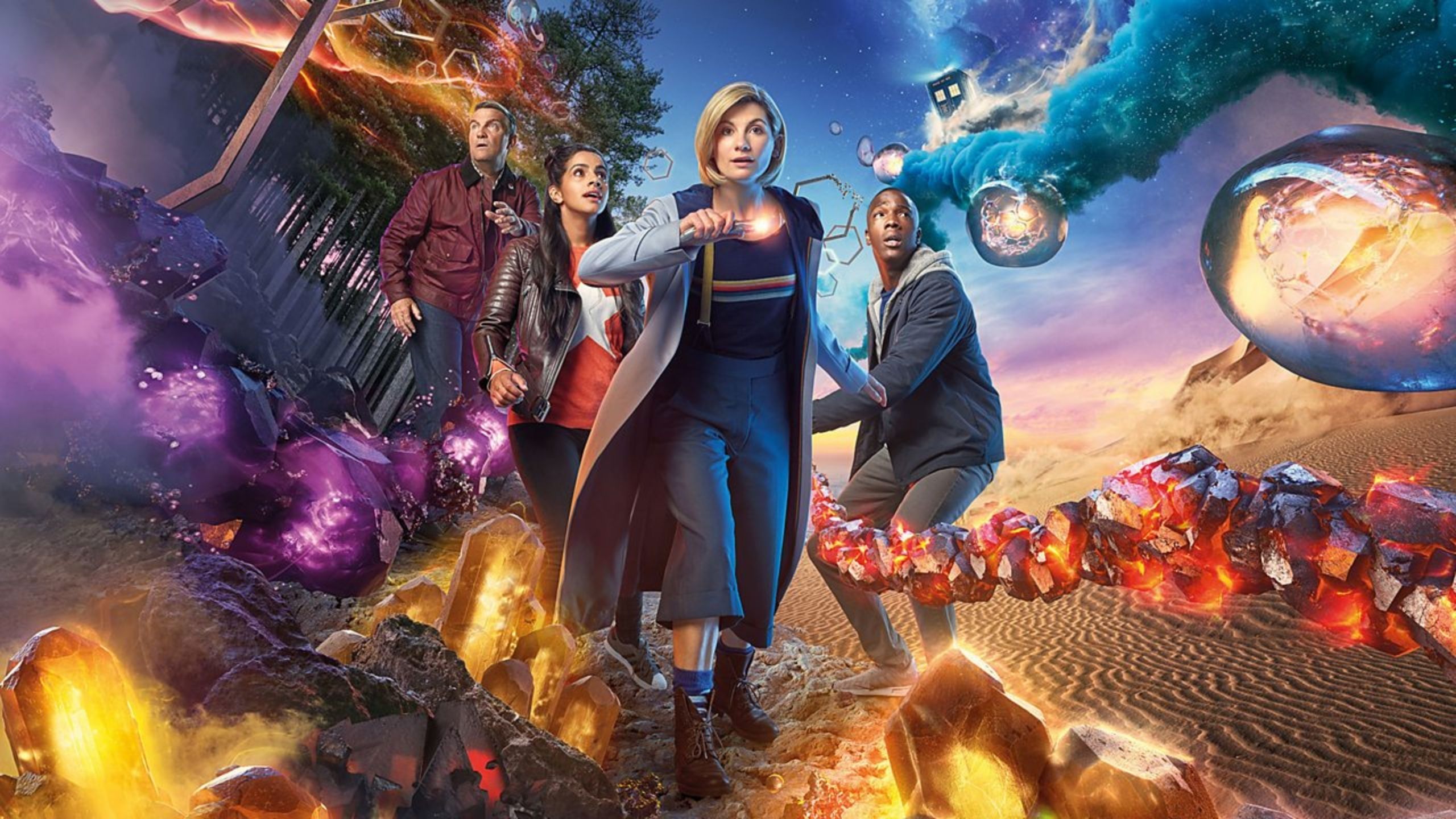 The doctor and her companions in the time vortex