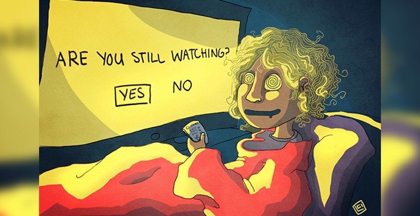 Cartoon showing someone who looks exhausted looking at the 'Are you still watching screen on their TV'