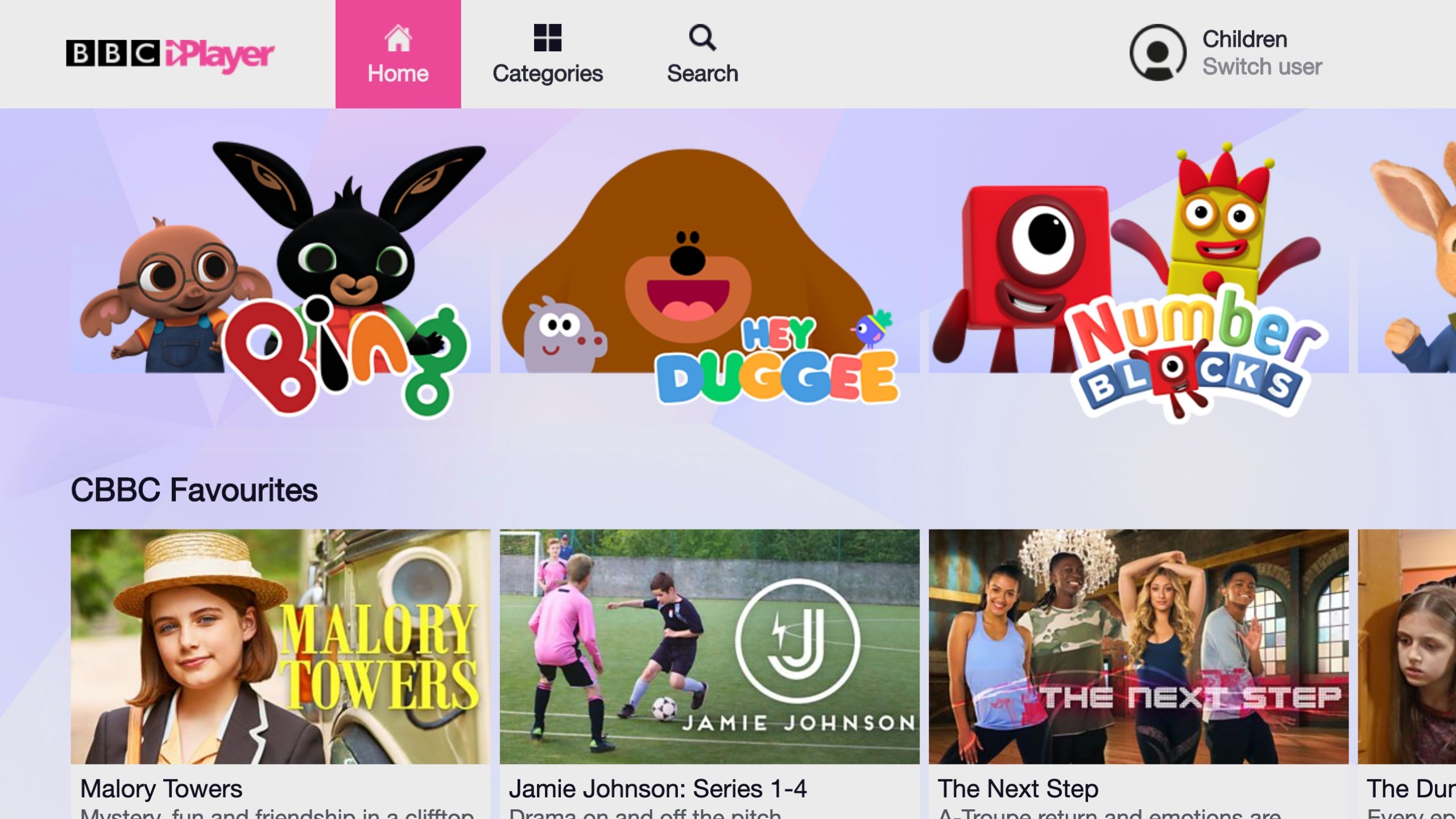 Childrens mode on BBC iPlayer, light purple background with a carousel of kids content to choose from