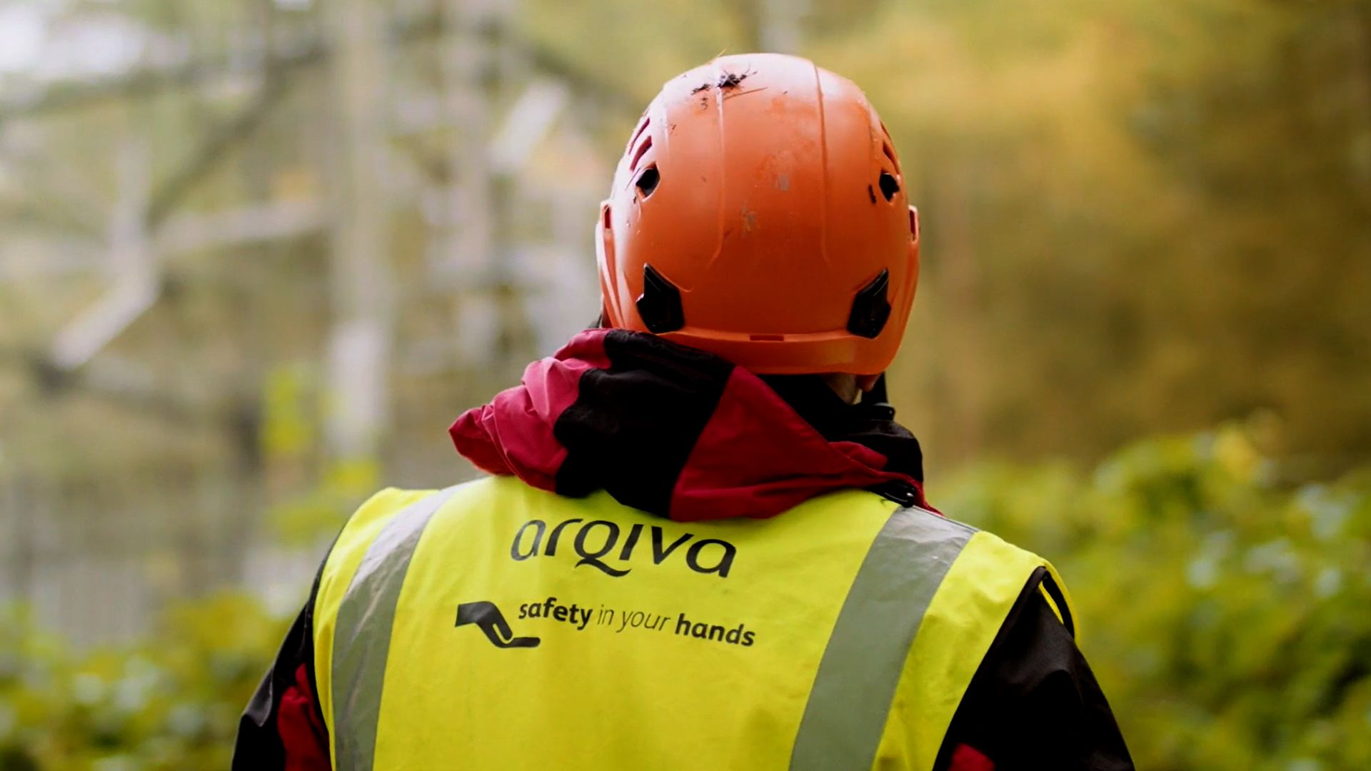 Arqiva engineer wearing a high-visibility jacket and hard hat with his back to the camera.