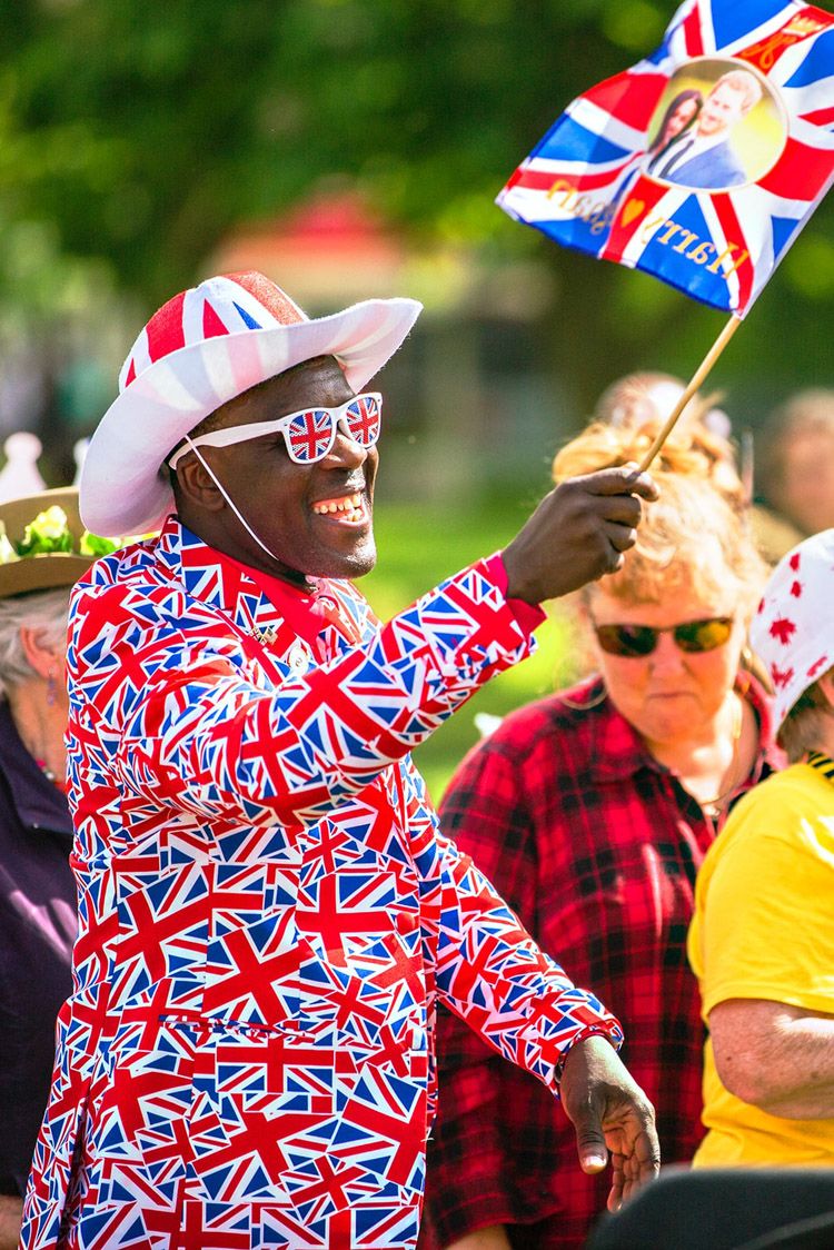 Man dressed in a Union Jack suit celebrating the Royal Weding