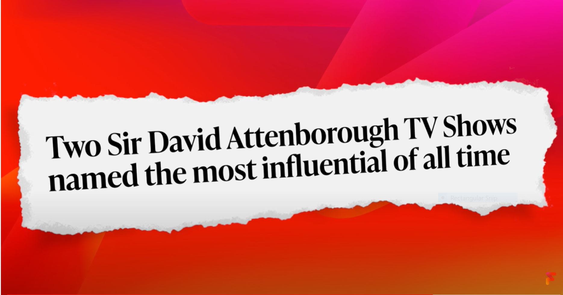 Newspaper clipping: Two Sir David Attenborough TV shows named the most influential of all time.