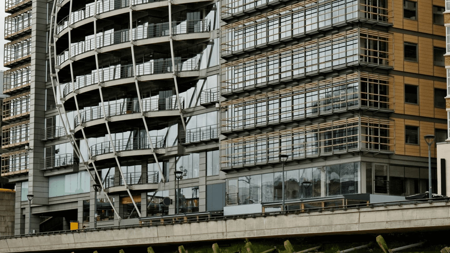 Close up shot of Ofcom HQ by Southwark Bridge, London