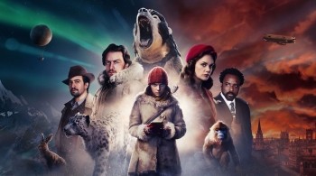 Promo image from His Dark Materials showing all the cast, with half the background showing the snowy North Pole and the Northern Lights and another half showing the city of Oxford under a red sky
