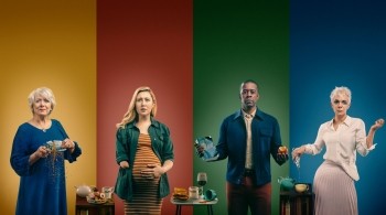 Four people each stood against a different brightly coloured background doing seperate domestic tasks