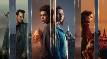 Cast of His Dark Materials separated by thin strips of mirrors that seem to reflect other worlds