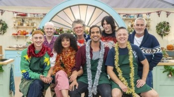 The cast of It's a Sin in the Bake Off tent