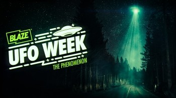 A UFO landing in a forest with BLAZE UFO Week branding