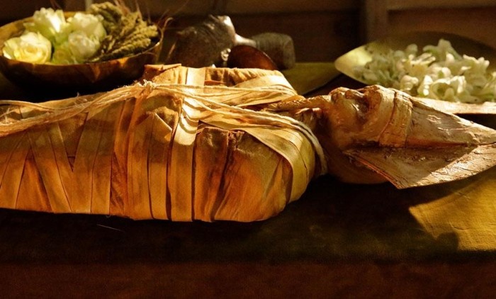 Close-up of an Egyptian mummy in a shroud