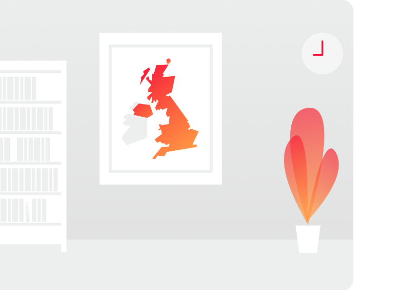 Decorative image depicting a bookcase, map of the UK, a wall clock and plant