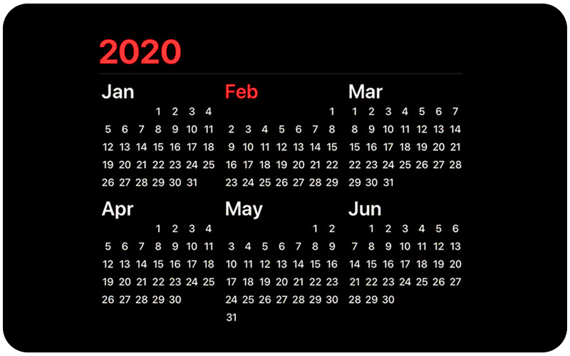 2020 Calendar displaying January to June
