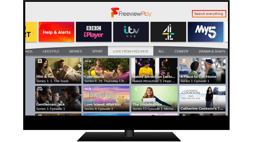 TV monitor displaying Freeview Play