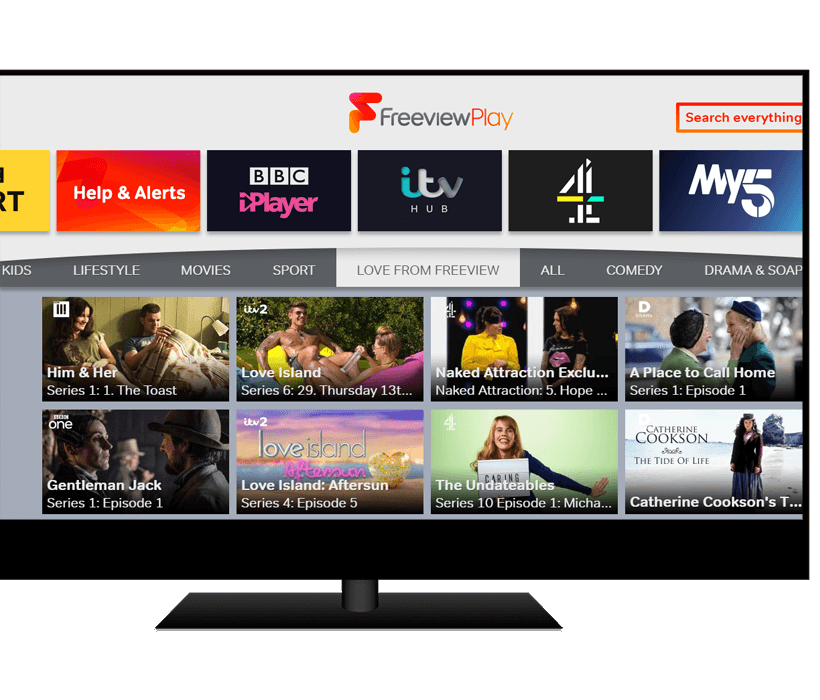 TV monitor displaying Freeview Play