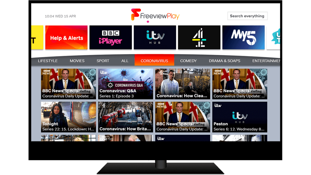 Explore Freeview Play displayed on TV screen with COVID-19 genre