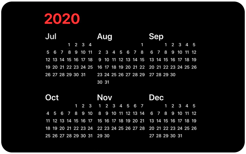 2020 Calendar displaying July to December
