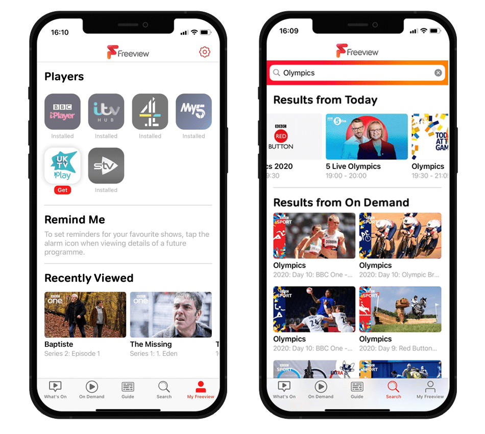 Two mobile phone screens displaying the Freeview mobile app and on demand players