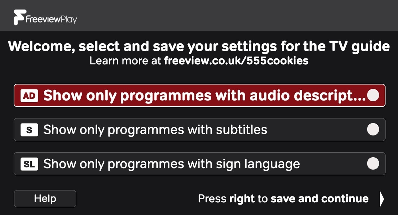 Freeview Accessible TV Guide displaying audio description option