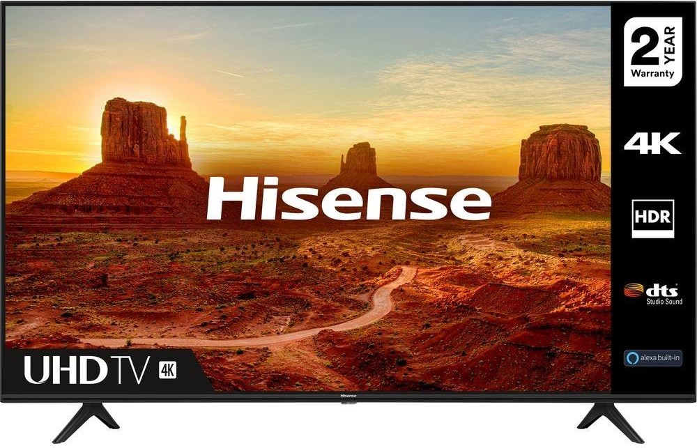Hisense TV screen detailing its key specs including UHD, 2 year warranty, 4K, HDR, dts sound and Alexa