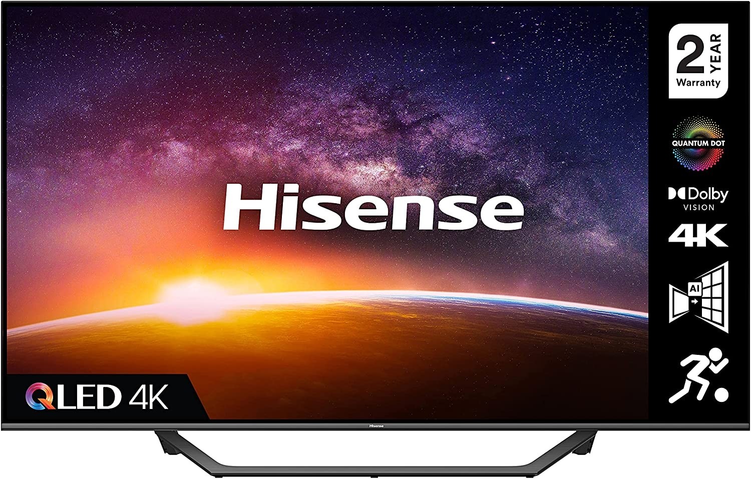 Image of the Hisense TV showcasing its 2 year warranty, Quantum Dot, Dolby Vision, 4K and AI technology