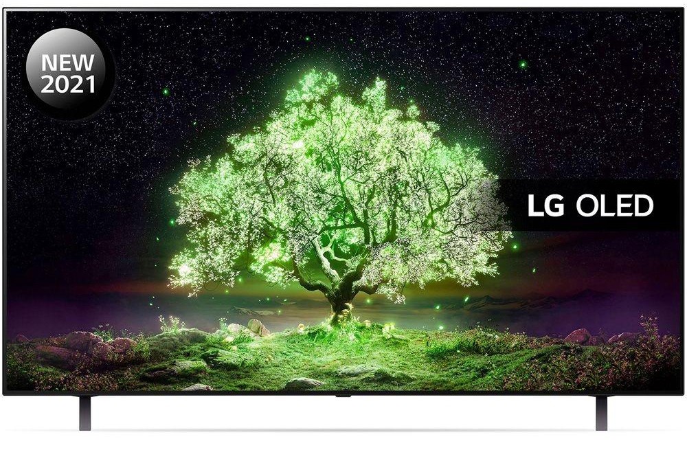 LG TV screen showing a glowing TV and a 'new in 2021' sticker