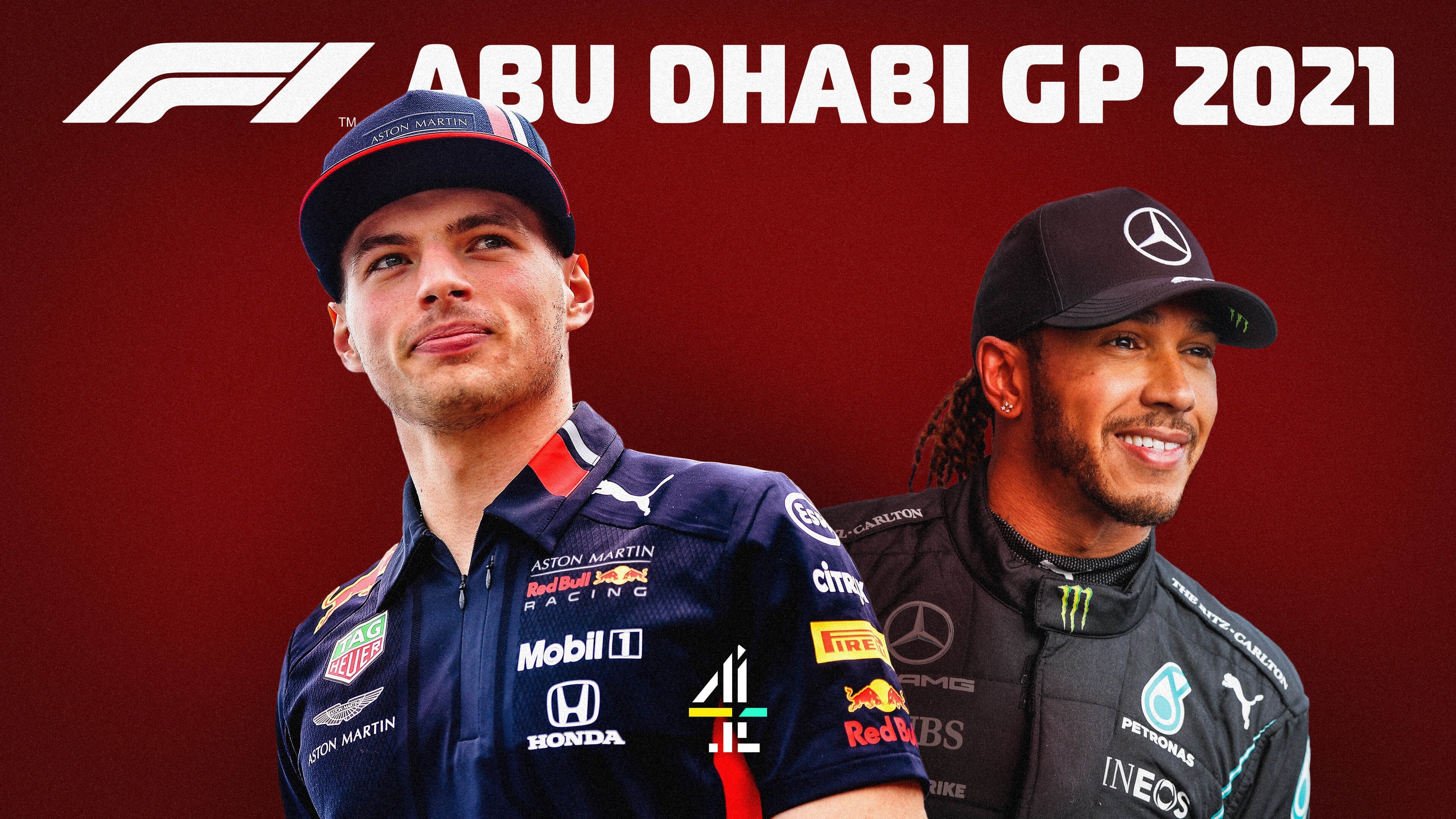 Lewis Hamilton and Max Verstappen in racing gear - with the title 'Abu Dhabi GP 2021'