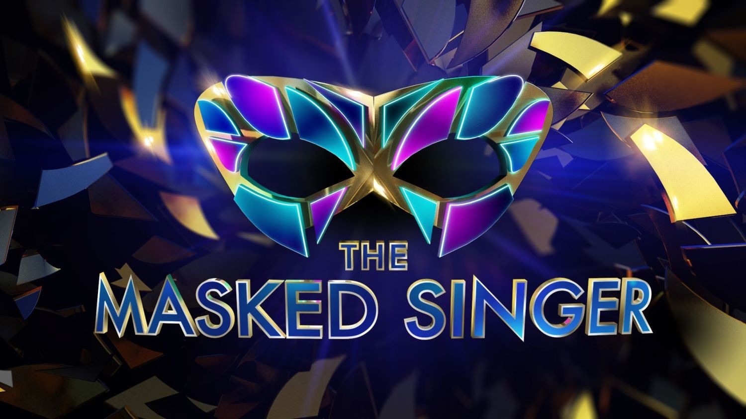 The logo of The Masked Singer against a shiny geometric background