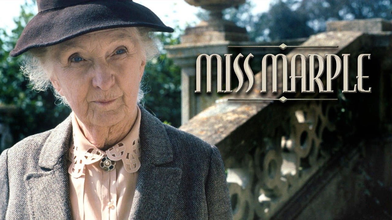 An elderly white woman formally dressed staring quizzically forwards, with text that reads Miss Marple