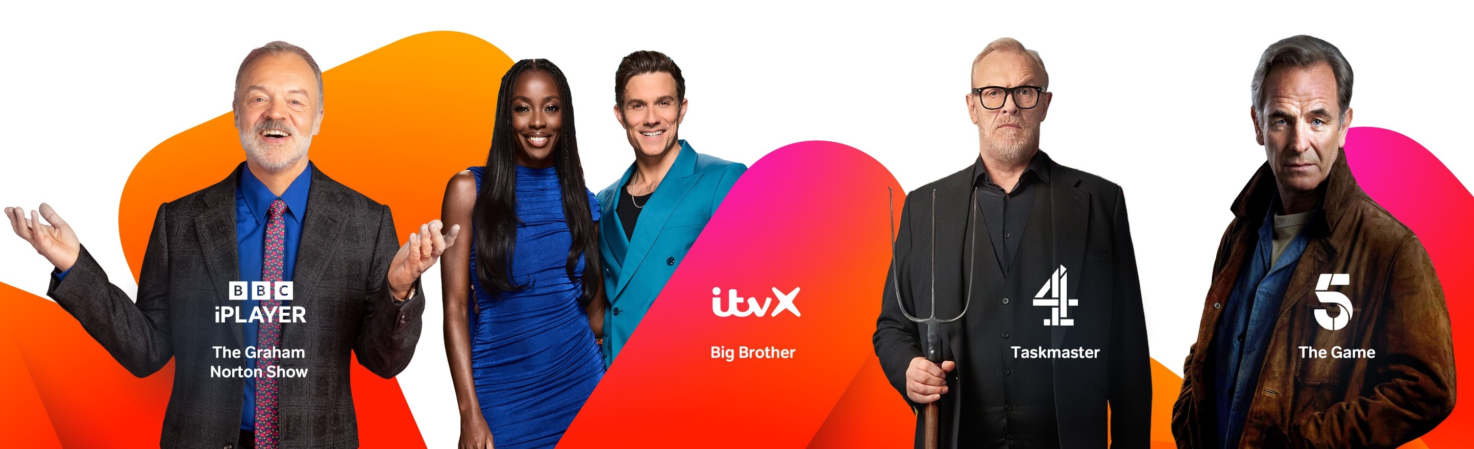 Banner of Graham Norton, AJ Odudu and Will Best, Greg Davies and Robson Green