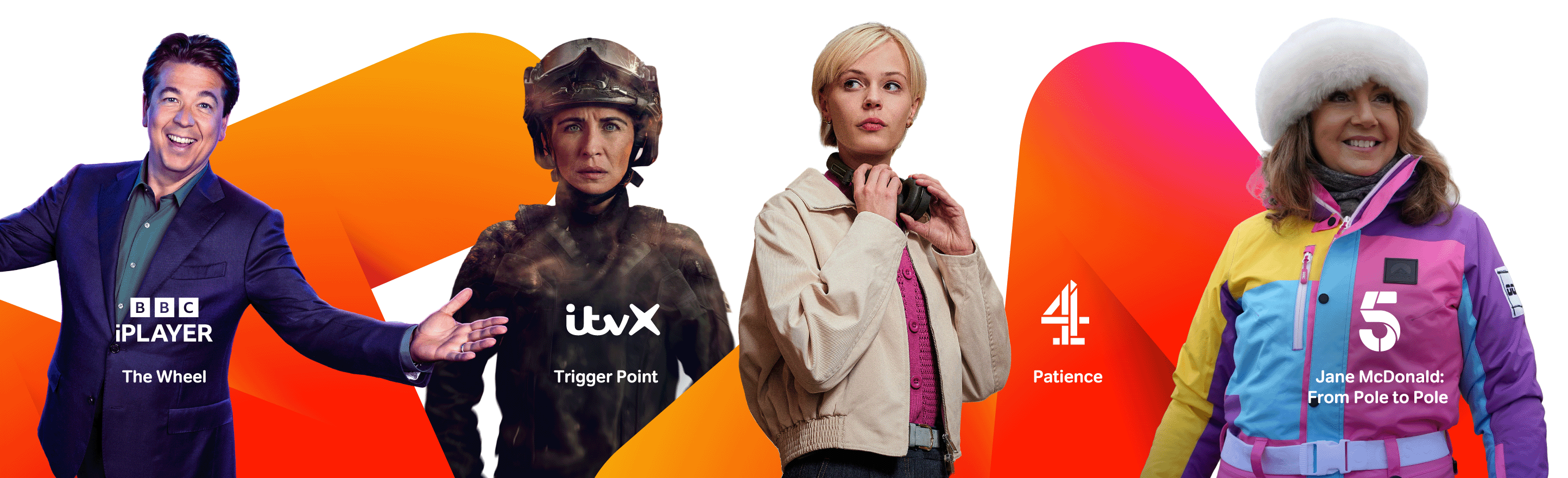 A man, and three woman on an orange banner