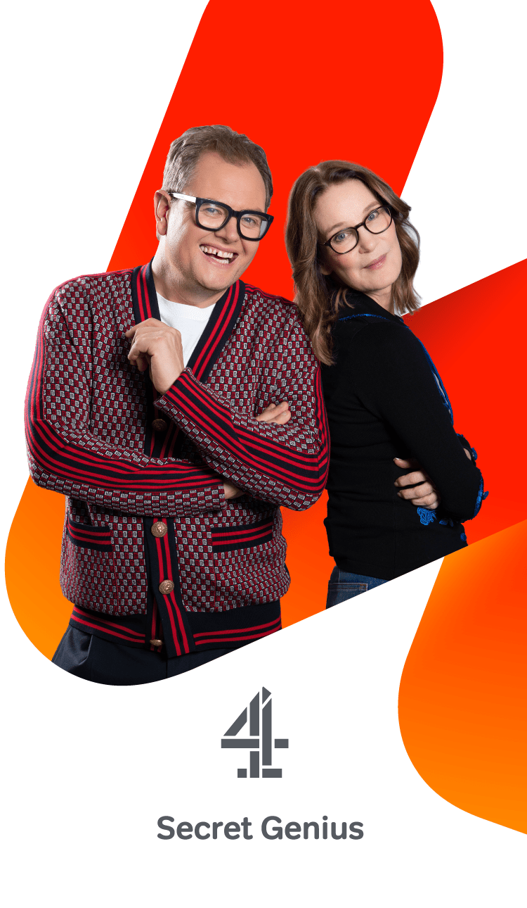 A man, Alan Carr, and woman, Susie Dent laughing for Channel 4's Secret Genius