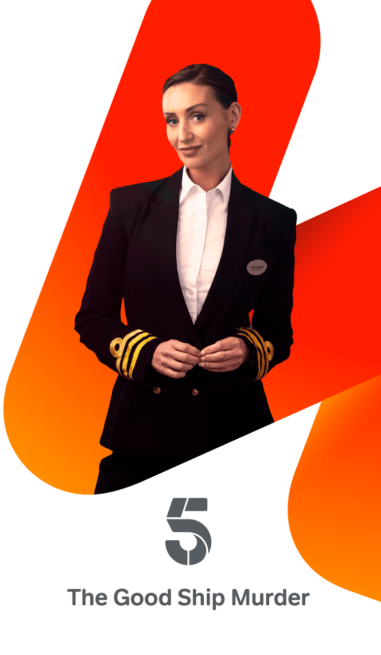 A person wearing a formal ship officer’s uniform with gold-trimmed cuffs and a white shirt stands against an abstract orange and red background. The Channel 5 logo appears below with the title “The Good Ship Murder.”