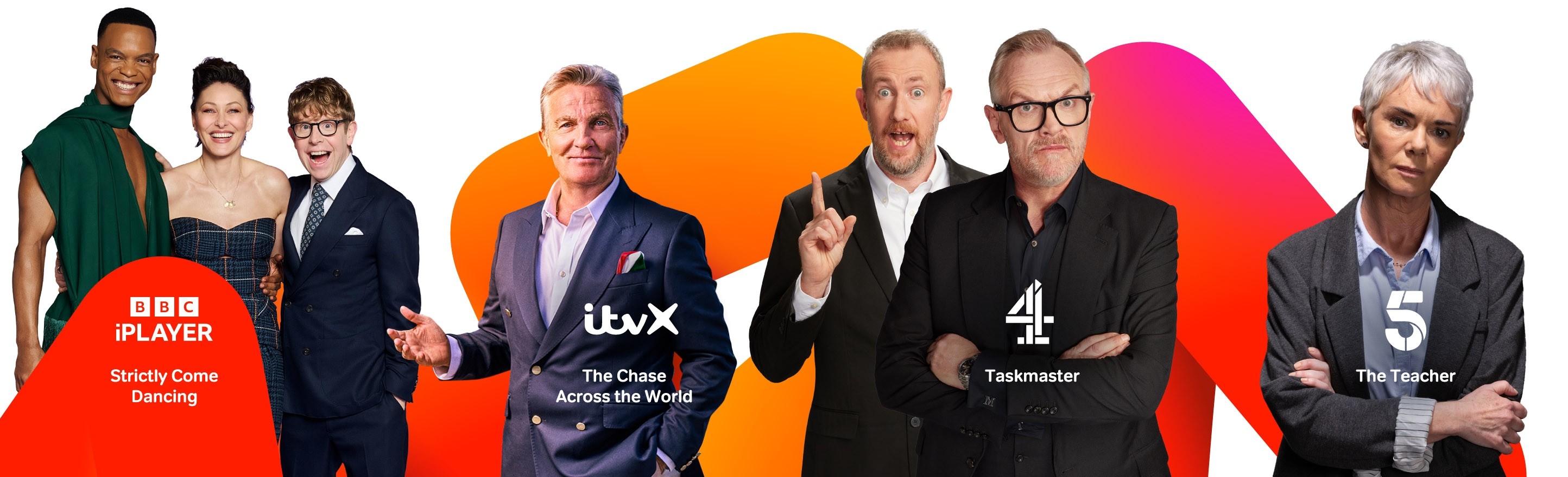Promotional banner featuring cast images from BBC iPlayer, ITVX, Channel 4 and Channel 5 programmes, displayed across colourful orange and pink graphic shapes with streaming service logos and show titles.