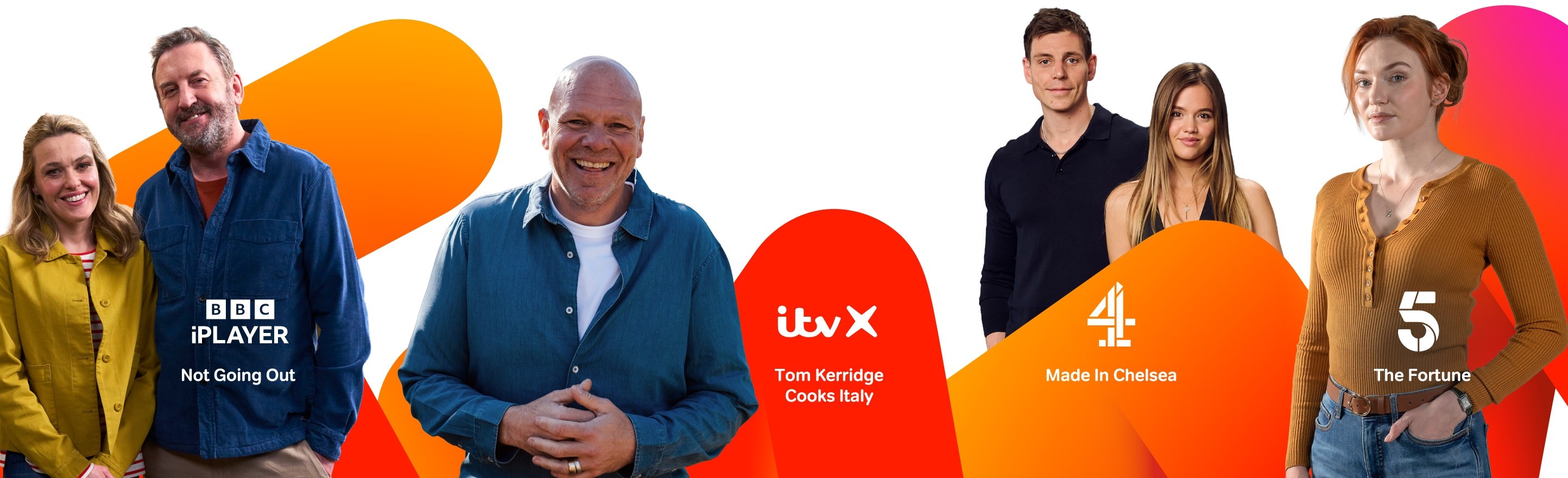 Promotional banner featuring cast images from BBC iPlayer, ITVX, Channel 4 and Channel 5 programmes, displayed across colourful orange and pink graphic shapes with streaming service logos and show titles.