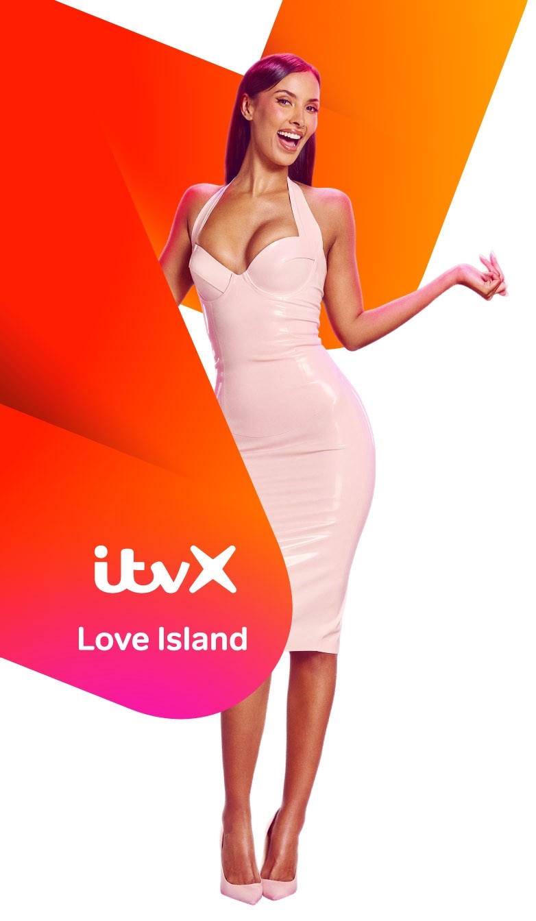 Person in a fitted pale pink dress standing beside ITVX Love Island branding on a vibrant orange and pink graphic background.