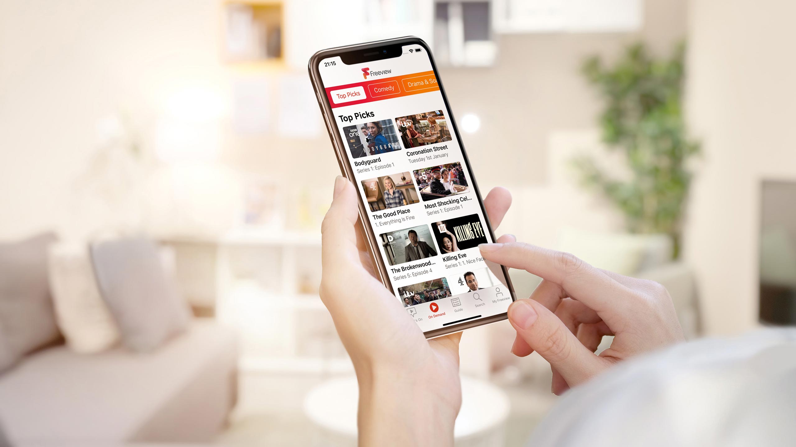 Freeview App user browsing Top Picks on s mobile phone
